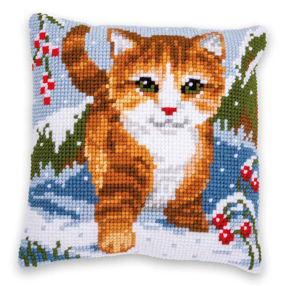 Kit coussin chat dans la neige point de croix 40 x 40 cm - 31248